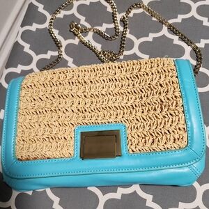 Talbots Purse, Natural Paper Straw and Aqua blue leather trim